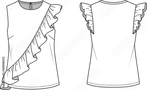 Women's Sleeveless Ruffle Top Flat Fashion Sketch Vector, Front and Back Views, Asymmetrical Frill Detail, Apparel Design Template for Technical Drawing, Production Ready Blouse, Chic Summer Wear.