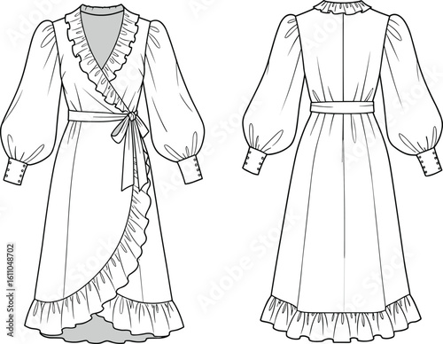 Women's Elegant Wrap Dress Flat Fashion Sketch Vector, Front and Back Views, Ruffled V-Neck and Hem, Puff Sleeves with Cuffs, Apparel Design Template for Production, Stylish Flowy Silhouette.