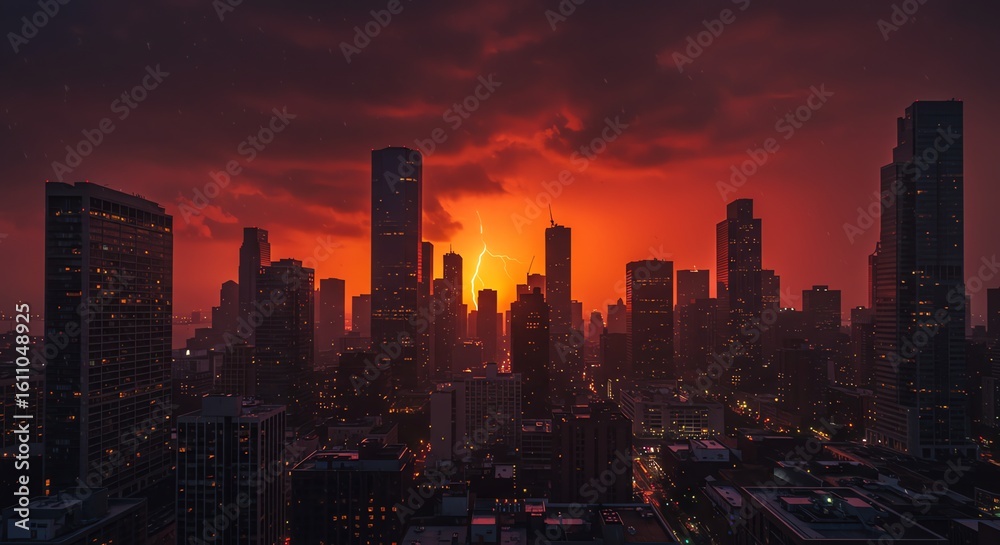 Obraz premium Dramatic Lightning Strike over City Skyline at Sunset