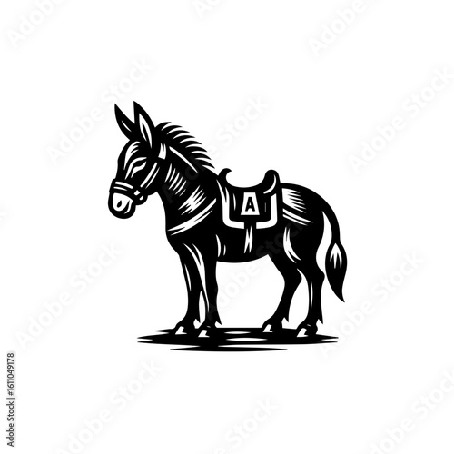 A donkey wearing a saddle, ready to work