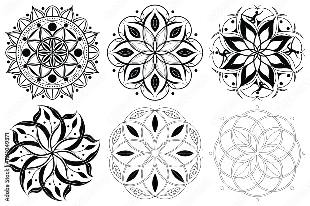 Geometric Mandala Set – Black and White Sacred Flower of Life and Healing Mandala Vector Collection Geometric Mandala Set – Black and White Sacred Flower of Life and Healing Mandala Vector Collection