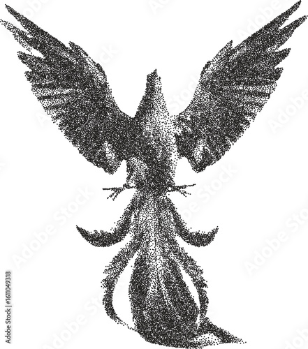 Phoenix retro y2k stipple design firebird halftone brutalist urban vector png with clear background, rebirth 2000s photocopy grunge tattoo gen z effect