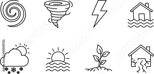 Natural disaster and climate change icon set – tornado, flood, lightning, earthquake, snow, sun, and environmental weather line symbols