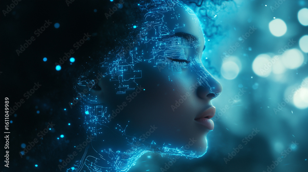 Obraz premium Woman visualizing digital data with glowing network overlay