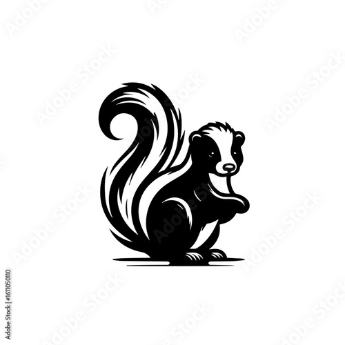 A cute skunk with a bushy striped tail