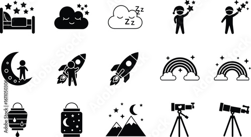 Sleep, dream, night, stars, moon, cloud, telescope, rocket, rainbow, lantern, mountains, bedtime, astronomy, stargazing, night sky, fantasy, relaxation, imagination, cosmic, peaceful.