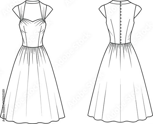 Style Midi Dress Flat Sketch Vector Illustration, Front and Back Views, Strapless Design with Gathered Skirt, Apparel Technical Drawing Template for Fashion Industry, Elegant Retro Gown.