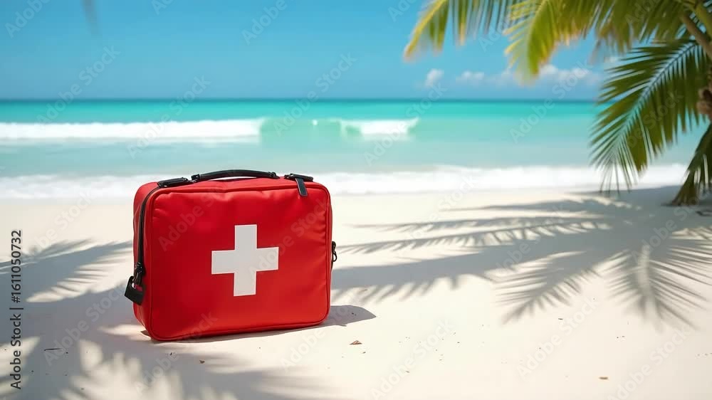 Travel first aid kit on tropical beach for vacations and emergency preparedness