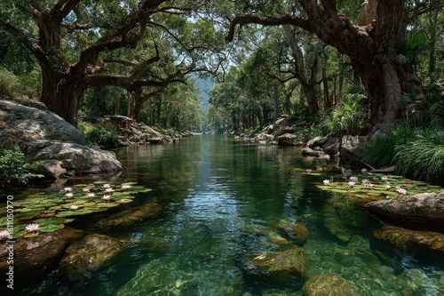 Peaceful river scene with wild fig trees along banks, water lilies floating on surface, dragonflies dancing in sunlight