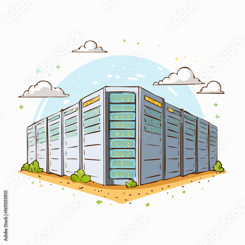 Rows of server racks form a server farm landscape during daytime