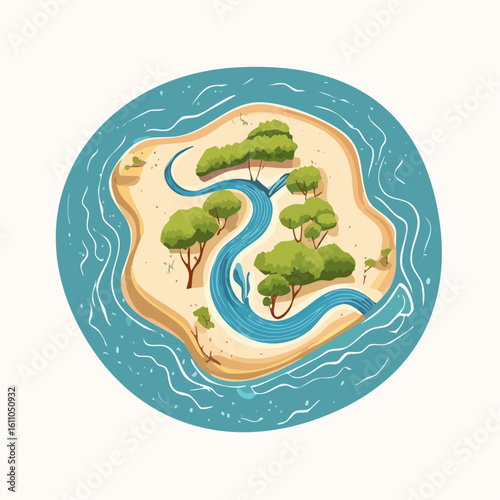 Top down view shows River Delta flowing into the Sea on a sandy Island