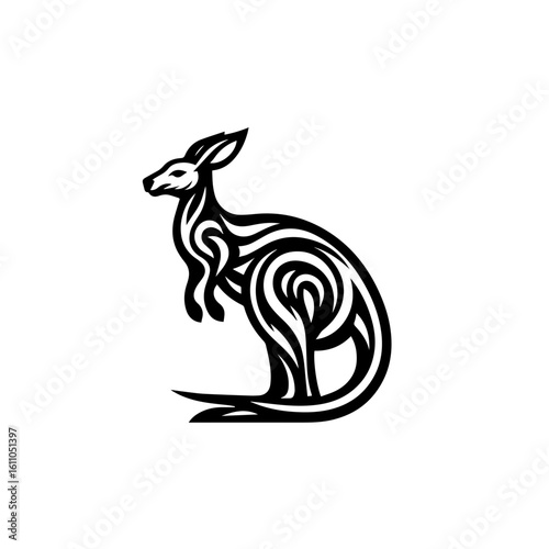 A stylized kangaroo stands on a white background