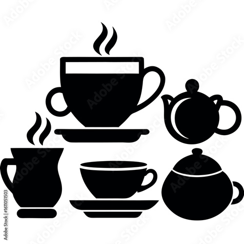 Black silhouette icons of hot beverages and teaware