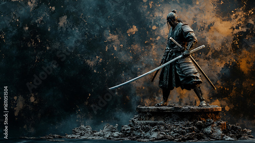 Samurai in dark armor stands with katanas against a textured backdrop lit with orange highlights