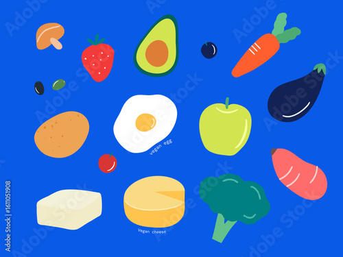 Food Vegetables and Fruits. Vegan, plantbased, vector illustration set