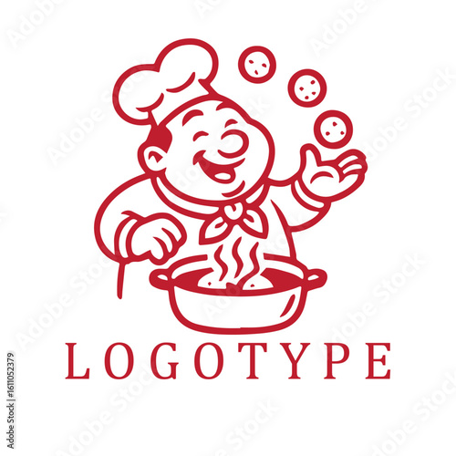 Funny cartoon-style logo in red and white featuring a chubby chef juggling bakso meatballs over a steaming bowl, outlined in bold lines for maximum impact.