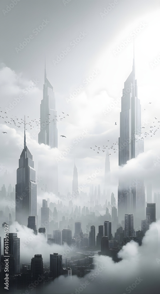 Obraz premium Skyscrapers pierce through the clouds in a monochrome cityscape