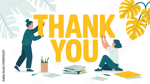 Two people arranging yellow “THANK YOU” letters in creative setting — teamwork and gratitude illustration for education, outreach, and design themes
