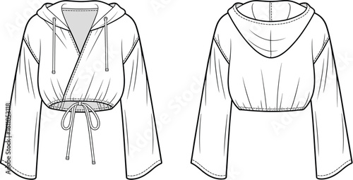 Cad drawing flat vector illustration, cropped wrap hoodie with long sleeves, front and back view, drawstring hem, fashion design sketch
Cad drawing flat vector illustration, cropped wrap 