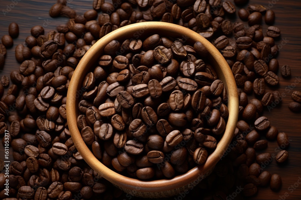 Fototapeta premium Roasted coffee beans are overflowing a wooden bowl on a dark wooden table, creating a rich and aromatic scene