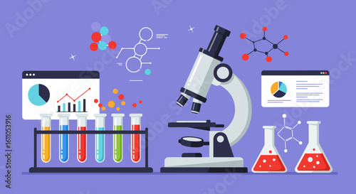 Scientific illustration with microscope beakers test tubes and molecular structures