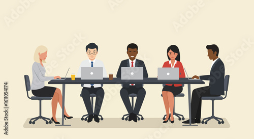 Five people sit at a table with laptops and drinks