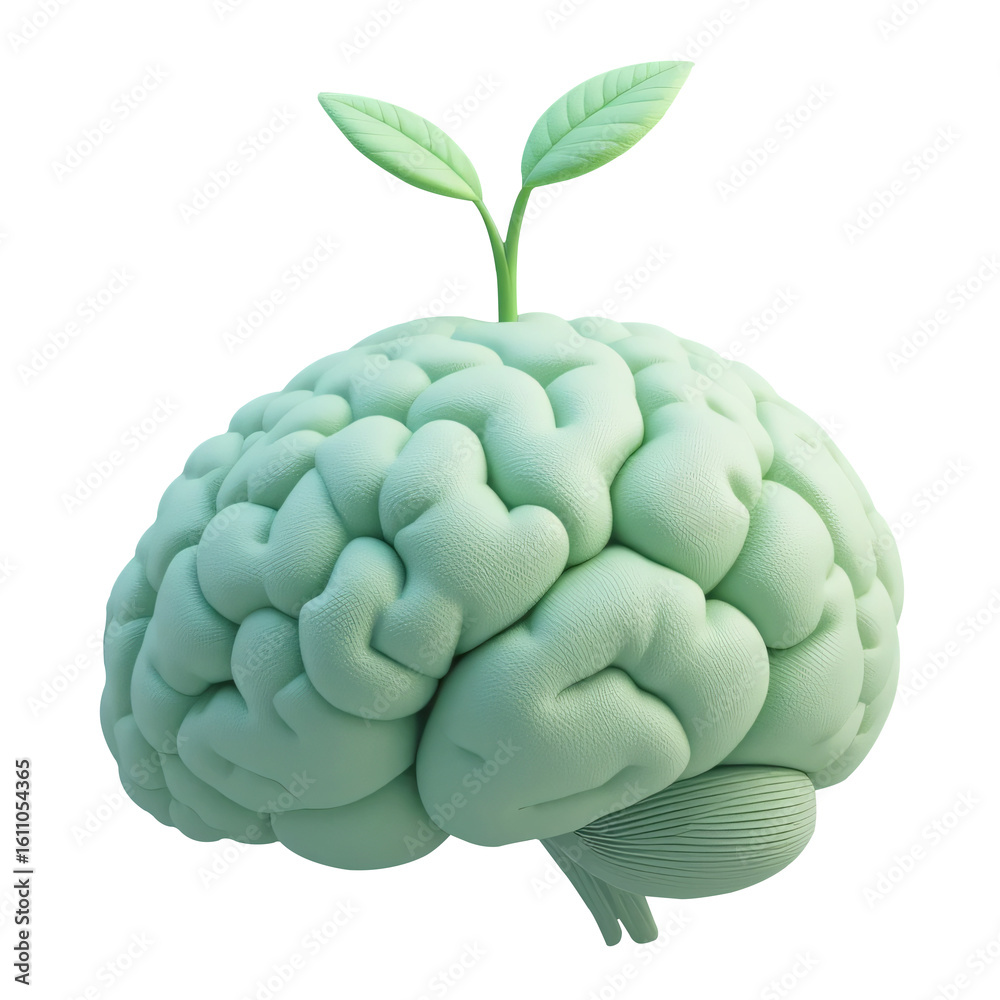 Obraz premium Growing Brain Icon in Soft Foam 3D – Light Green Educational Concept with Sprouting Leaf