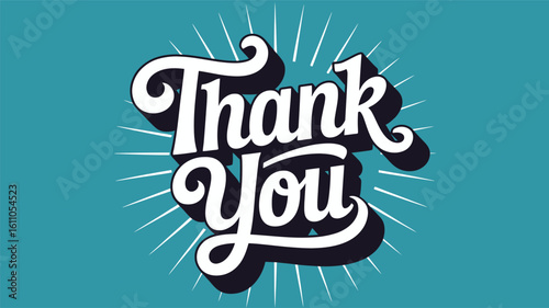 Stylized “Thank You” text in white cursive with black shadow on teal background, featuring radiant lines — ideal for cards, branding, and messages