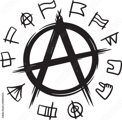 Global Anarchy Line Art Icons – Capital A Emblem and Political Symbols Collection