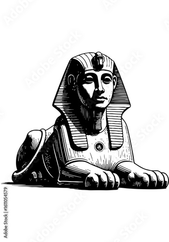 Classic Egyptian Sphinx Mythical Creature Illustration in Clean Line Woodcut Style, Monochrome Art