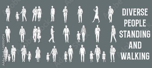 Architectural Drawings diverse people standing and walking vector illustration, side view, human person Minimal style hand drawn. Sections, Elevations, Floor Plans