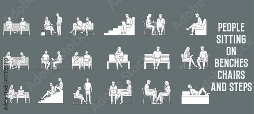Architectural Drawings people sitting on benches, chairs, and steps vector illustration, side view, human person Minimal style hand drawn. Sections, Elevations, Floor Plans