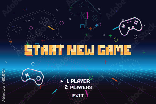 Start new game by selecting a player or exiting the game's main menu. Modern trendy game background with lighting effect. Vector illustration