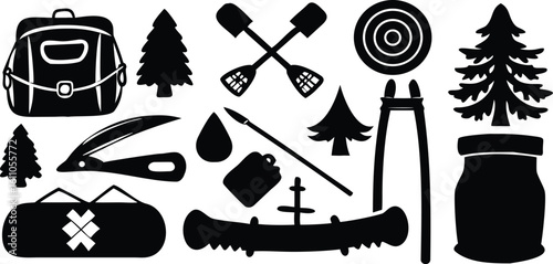 Outdoor adventure gear collection with trees and water drop backpack paddles