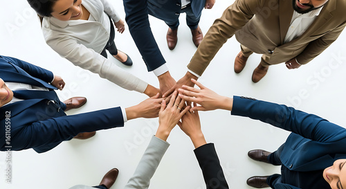Wallpaper Mural Top view of a diverse business team standing in a circle and stacking their hands together, symbolizing unity and collaboration. Torontodigital.ca