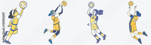 A cute colorful girl paying volleyball. funny and colorful girls playing volleyball vector or Dynamic female athletes in action.
