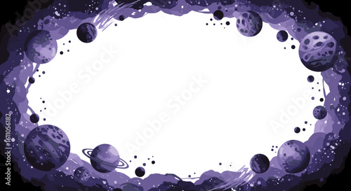 Watercolor space-themed background featuring planets and stars in purple tones with a blank center
