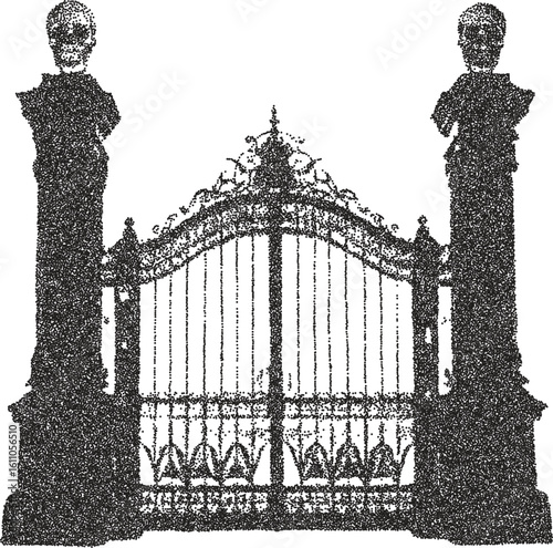 Gate vintage y2k stipple art, portal halftone stipple brutalist retro vector png with transparent background, iron 2000s aesthetic photocopy effect tattoo
