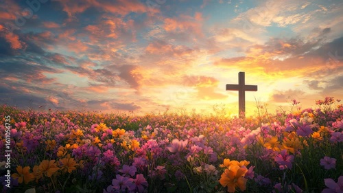 Colorful flower field with wooden cross at sunset under vibrant sky, peaceful spiritual landscape with warm glowing light and nature’s beauty illuminating blossoms and clouds