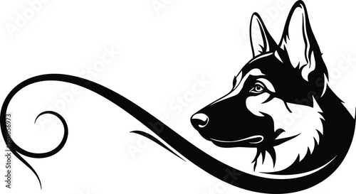 German Shepherd head silhouette, elegant swirl design, black line art, pet logo concept, minimalist dog illustration, white background, vector style