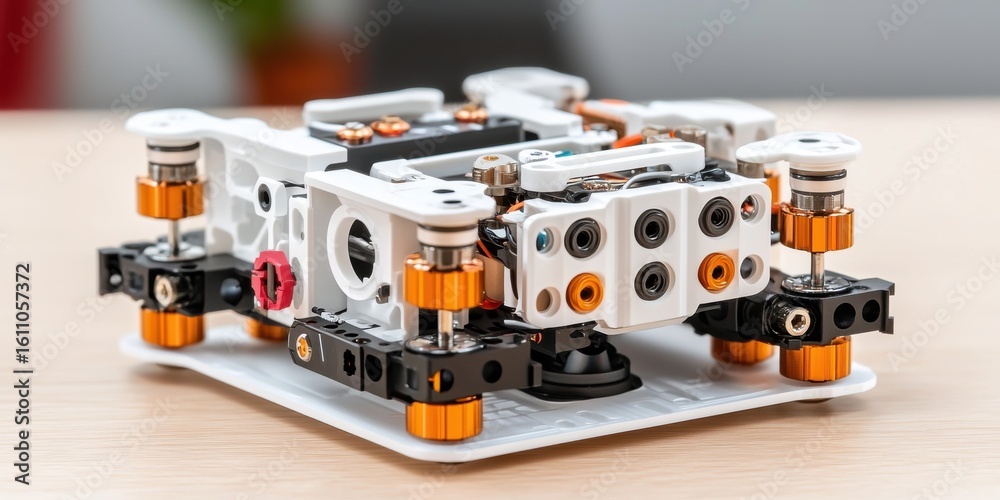 Fototapeta premium A close-up of a compact, modular drone frame with white, black, and orange components, designed for customization and durability on a wooden surface.