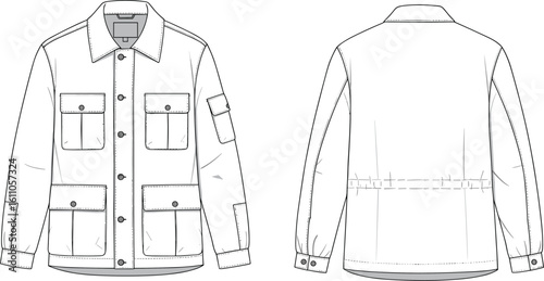 Men's utility jacket flat sketch, long sleeves, multiple flap pockets, button closure, technical drawing, apparel design, versatile outerwear, modern casual wear, vector template.