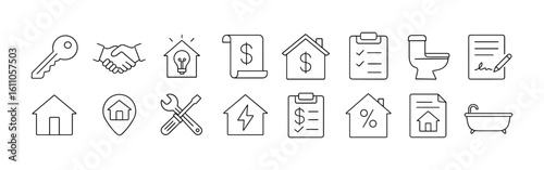 Home Services and Real Estate Line Icons Set - Keys, Handshake, Utility Bills, Property Management, and Bathroom Fixtures