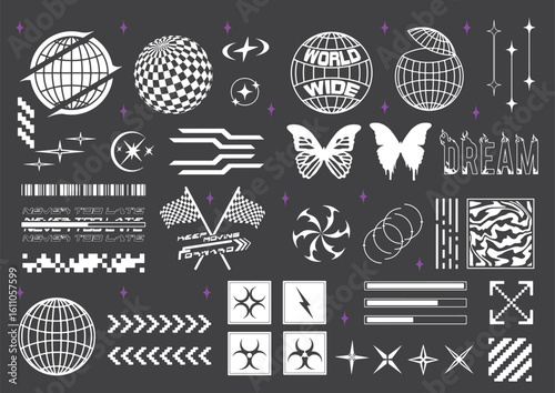Y2k aesthetic set. Tattoo art signs of 2000s style. Y2k symbols, goth chain, heart, rose, flame, bow, snake, brass knuckles, mouth, star, cherry, blackthorn, smile. Vector tattoo line modern stickers