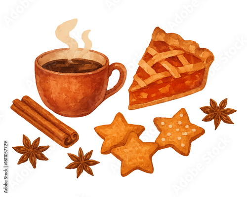 Watercolor hot coffee cup with cinnamon sticks, apple pie slice, star anise and star-shaped cookies. Cozy winter breakfast or dessert concept. Vector illustration.