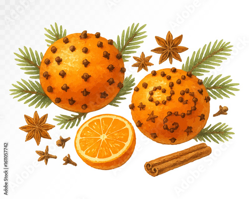 Watercolor Christmas orange pomander with cloves, cinnamon sticks, anise stars and pine branches. Aromatic festive winter decoration clipart. Vector illustration.