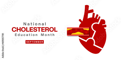 September is Cholesterol Education Month. Heart and cholesterol. Great for posters, banners and social media. White background.