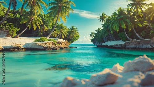 Tropical Paradise: Turquoise water, palm trees, and a serene ambiance create a sense of escapism and serenity. Discovering the beauty of nature's coastal gem.