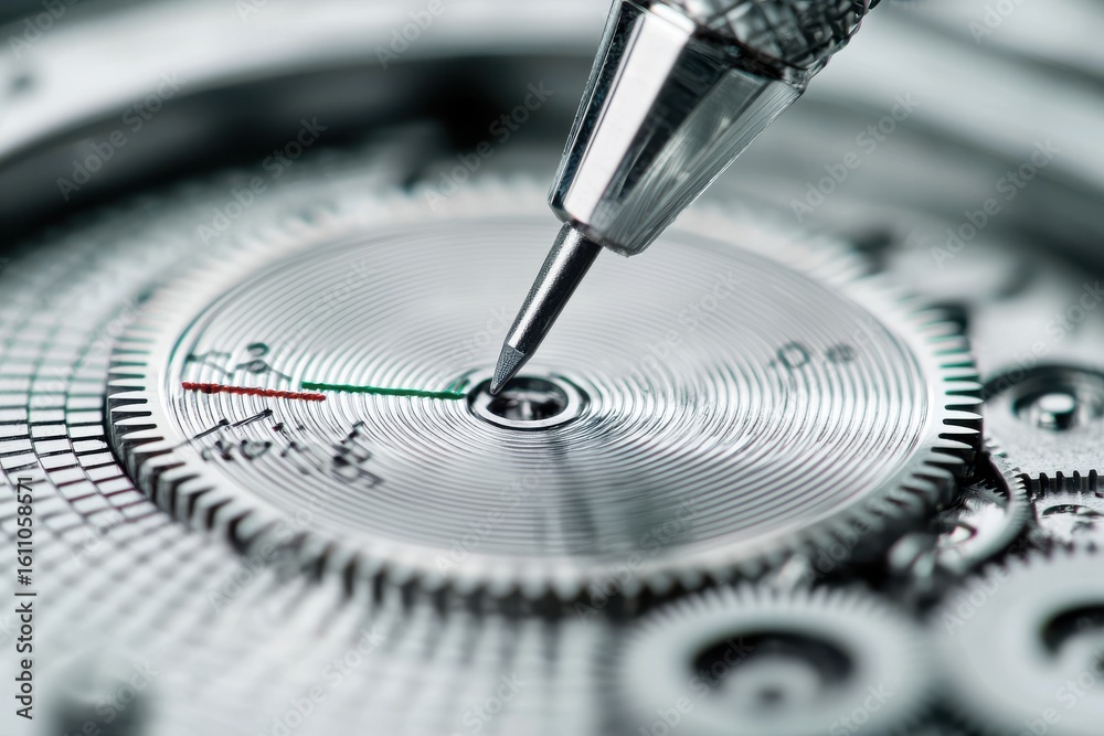 Close-up of a mechanical watch dial being precisely adjusted with a fine-tipped tool, highlighting intricate details and craftsmanship. Close-up of a mechanical watch dial being precisely adjusted with a fine-tipped tool, highlighting intricate details and craftsmanship.