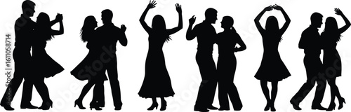 Silhouettes of couples dancing gracefully, partner movement, energetic dance illustration, black background, romantic connection, artistic pose, expressive motion, performance